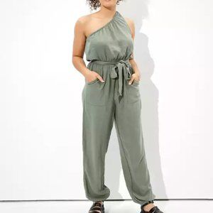 AE Linen One Shoulder Jumpsuit Green Small